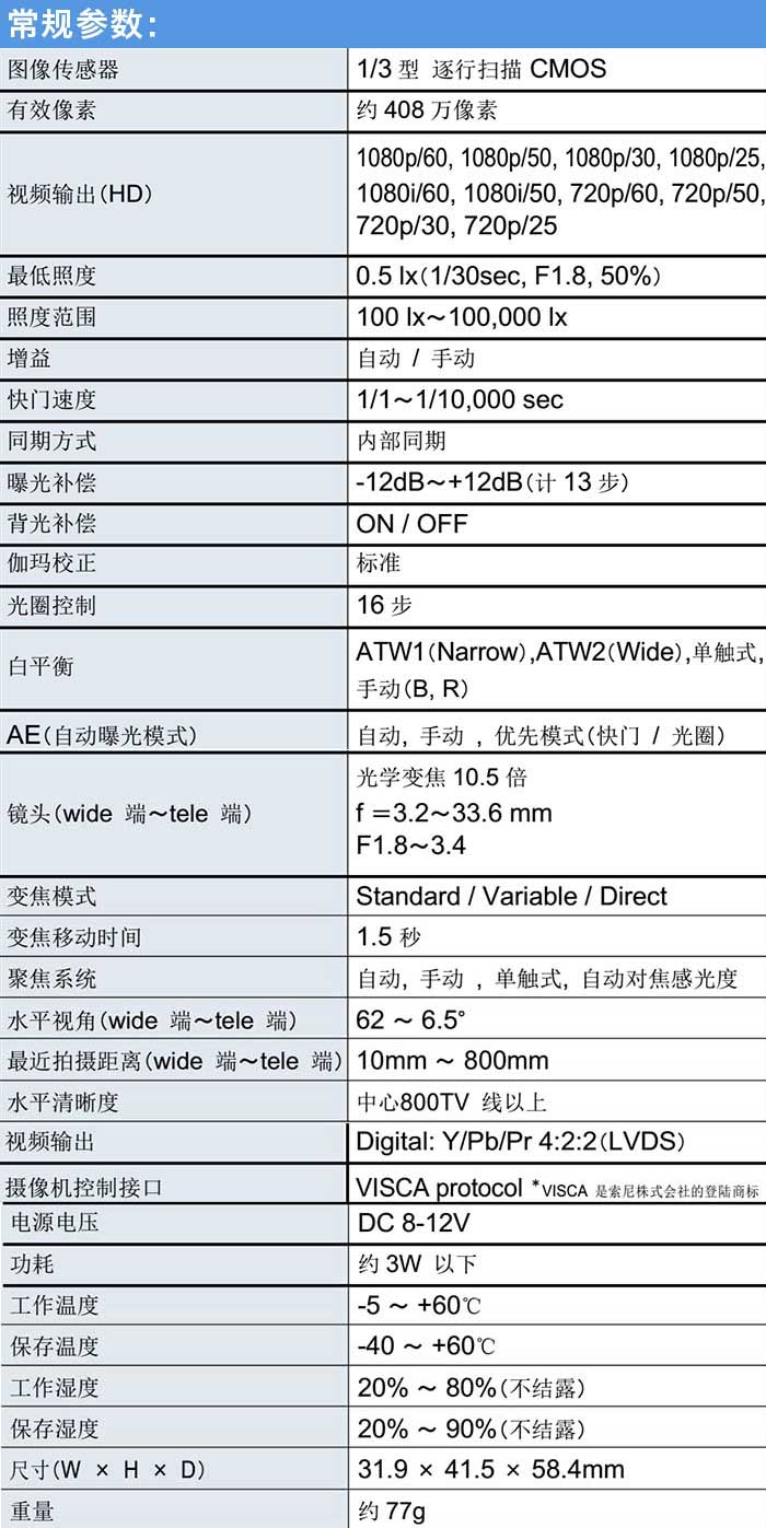 VRS-MH8100无人机航拍专用数字高清机芯参数图表